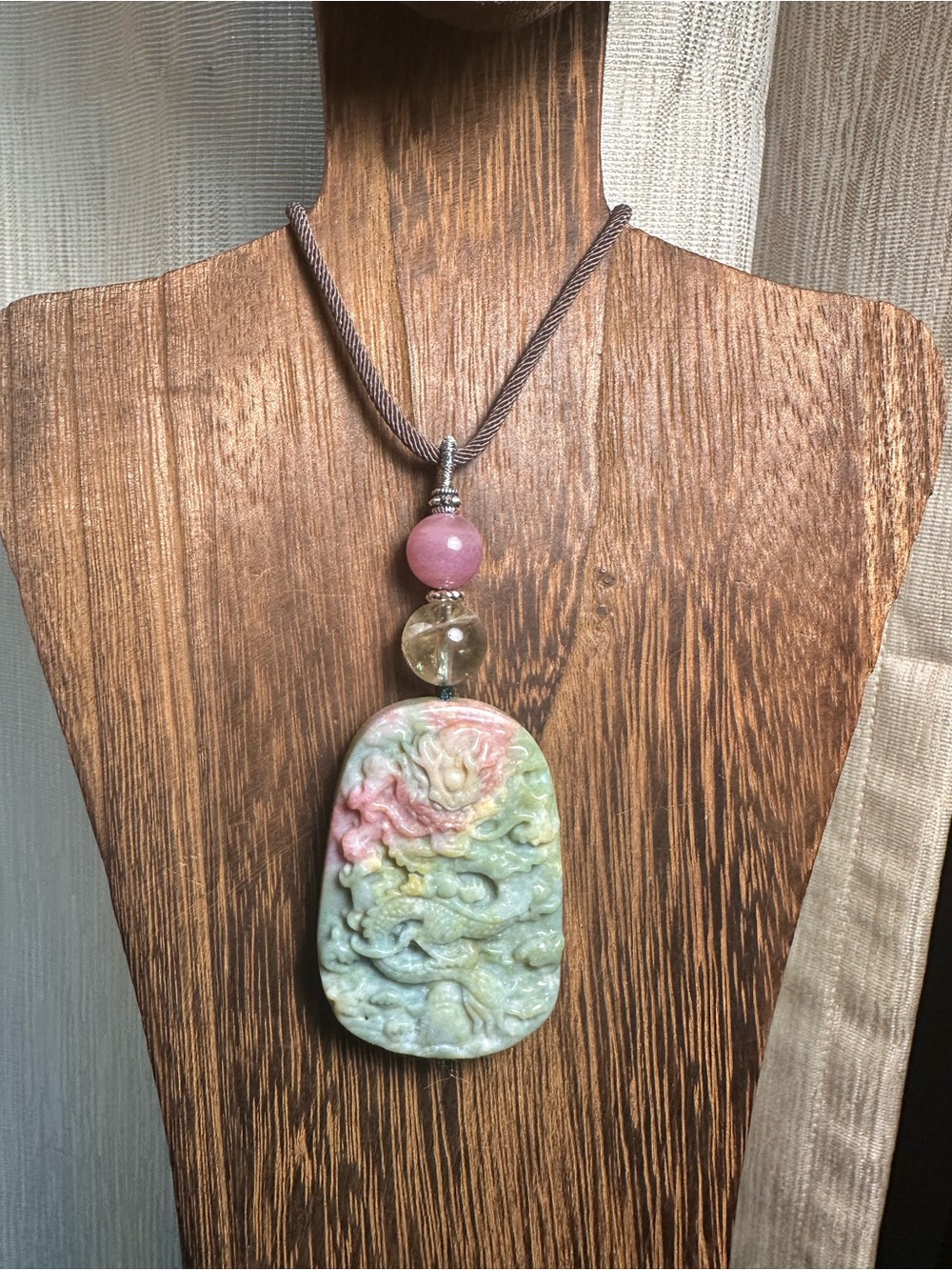 Ocean Jasper Dragon Pendant Necklace with Citrine and Rose Quartz on Brown Rope - Picture 6 of 16